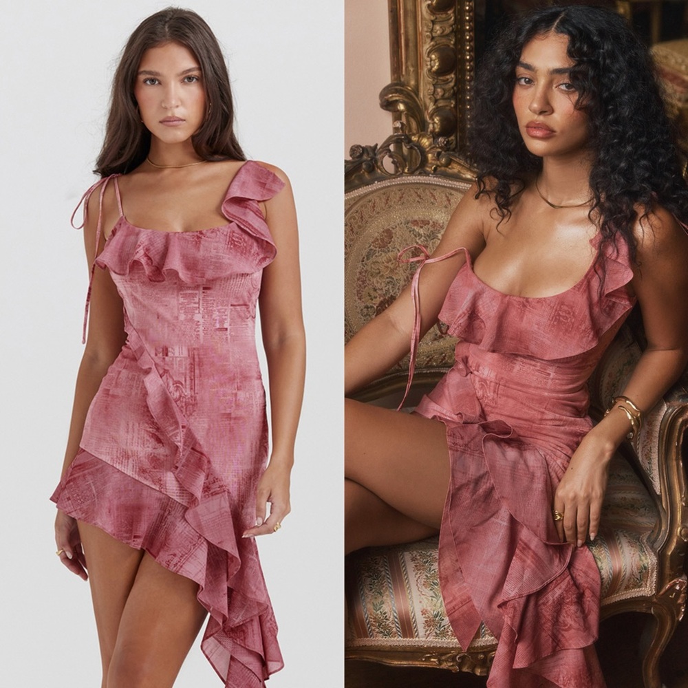 HOUSE OF CB 'Lyrah' Pink Print Ruffle Mini Dress - Picture 1 of 11